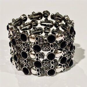 Silver Tone Skull Stretch Bracelet Black Stone Gothic Wide Cuff
